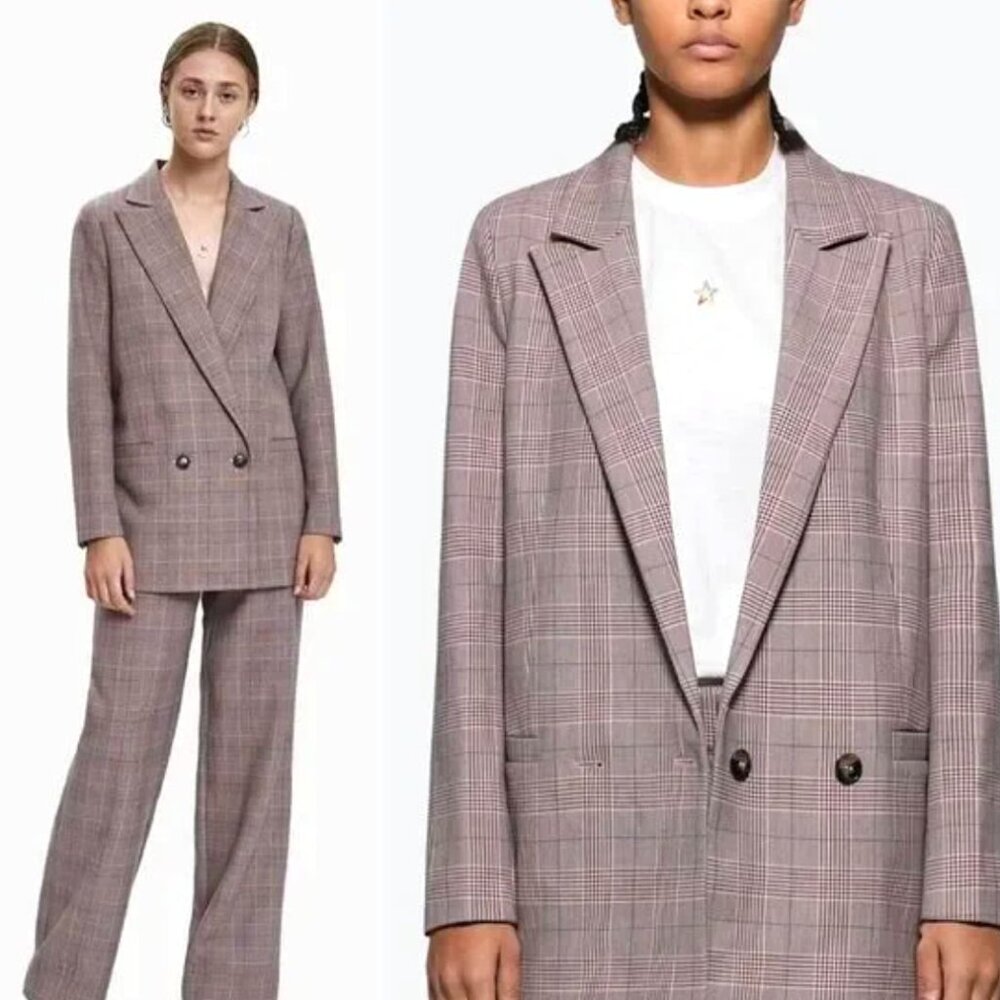 GANNI Blazer Hewitt Plaid Pink Double Breasted Blazer Jacket Size 36